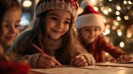 Wall Mural - A girl is sitting at a table with her friends and writing in a coloring book. Scene is cheerful and playful, as the children are enjoying themselves and engaging in a fun activity together