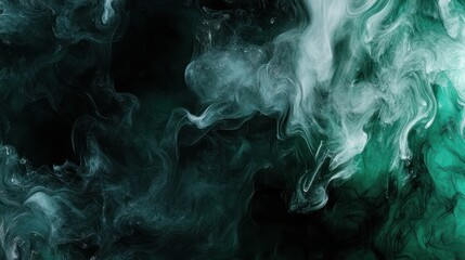 Abstract green and black smoke wisps on a dark background, creating a mystical and dynamic atmosphere.