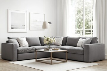 Poster - Living room with a large window and cozy grey sofas