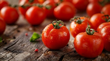Poster - Fresh red tomatoes scattered on a rustic wooden surface, showcasing their vibrant color and natural texture.