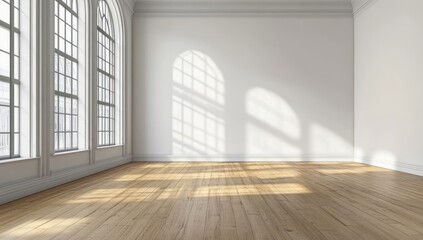 Poster - The empty white room wall is framed by shadow and light coming from the windows, white interior background for product presentations, minimalist style, modern design