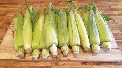 Poster - Freshly harvested corn ears with husks still intact displayed on a wooden cutting board