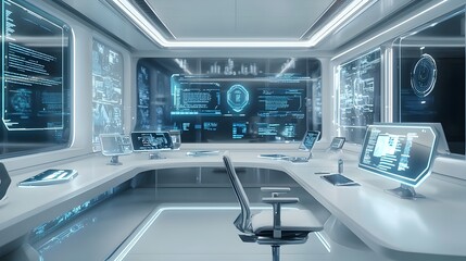 Futuristic Workspace with Holographic Interfaces Symbolizing Innovation and Technology in Business