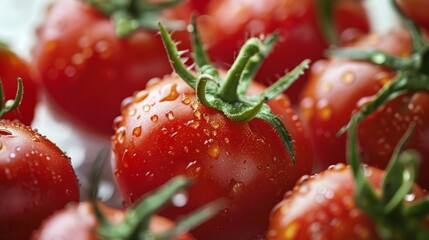 Wall Mural - Freshly harvested tomatoes with a focus on their dewy texture, displayed on a minimalistic background for a fresh look.