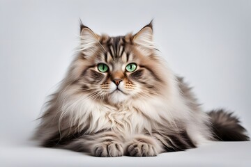 A fluffy siberian cat with a thick fur coat and bright green eyes lying down on a white background, AI Generated