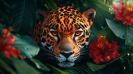 A jaguar is in a jungle with red flowers