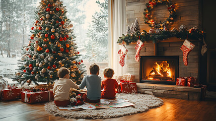 Wall Mural - Three children sit on a rug in front of a Christmas tree. The room is decorated with a wreath and presents