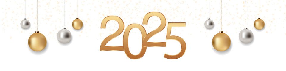Poster - Happy New Year 2025 background. Shiny gold 2025 New Year. Modern luxury background with silver and gold balls. Modern Christmas background. Vector EPS 10