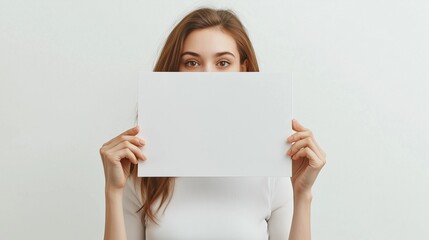 Wall Mural - Woman hold blank photo frame with empty copy space on white background. minimal artist work concept.