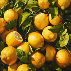 Poster - Lemon background with a vibrant arrangement of fresh lemons in various stages of ripeness, showcasing their bright yellow color and texture
