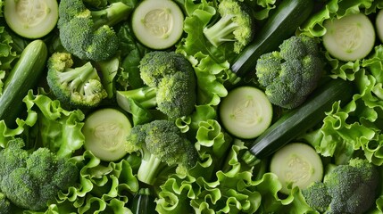 Wall Mural - Organic green vegetables such as zucchini, broccoli, and lettuce laid out in a neat pattern, emphasizing their fresh, natural look.