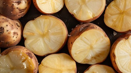 Poster - Potatoes sliced in half showing the starchy interior and rough exterior