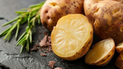 Poster - Potatoes sliced in half showing the starchy interior and rough exterior