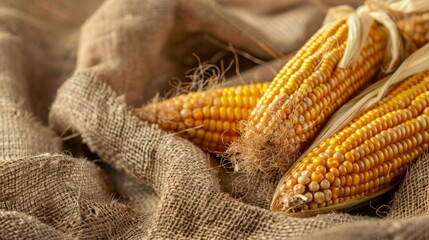 Poster - Rows of corn cobs lying on a burlap sack emphasizing texture and color