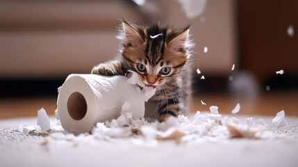 Wall Mural - A kitten is playing with a roll of toilet paper