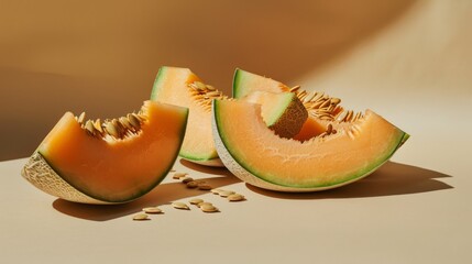 Poster - Several cantaloupe chunks and seeds displayed on a plain background, emphasizing the fruit's rich color and texture.