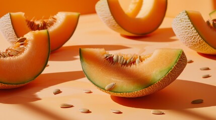 Poster - Several cantaloupe chunks and seeds displayed on a plain background, emphasizing the fruit's rich color and texture.