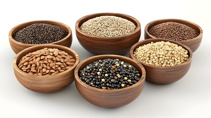 Assorted Organic Grains Artfully Arranged in Wooden Bowls,3D