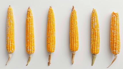 Poster - Several corn cobs placed in a row against a clean white background