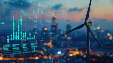 a wind turbine with graphs and charts on the screen behind it, representing green energy market data