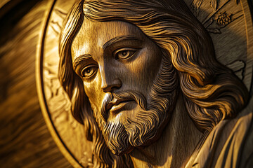 A detailed wooden carving of Jesus Christ with serene facial expression captured in warm golden light