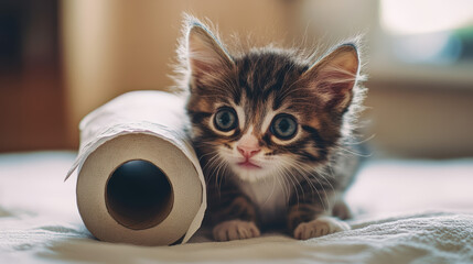 Wall Mural - A kitten is standing on a white sheet with a roll of toilet paper next to it