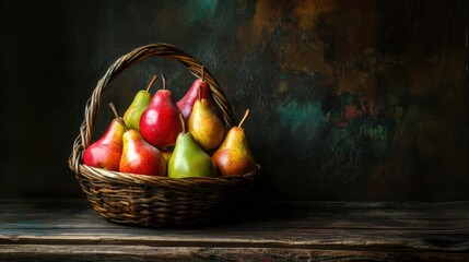 A pile of fresh pear closeup view on wooden table with dark background