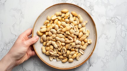 Poster - Top view of a simple plate filled with shelled peanuts, with the clean background providing a stark contrast that emphasizes the peanuts' natural color