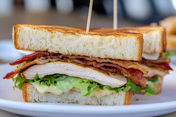 Wall Mural - A turkey sandwich with bacon and lettuce is on a white plate. The sandwich is cut in half and has a toothpick holding it together