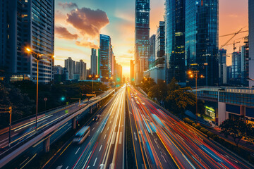 Wall Mural - Cityscape with Light Trails at Sunset