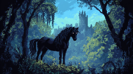 Wall Mural - black horse on the background of the castle in pixel style