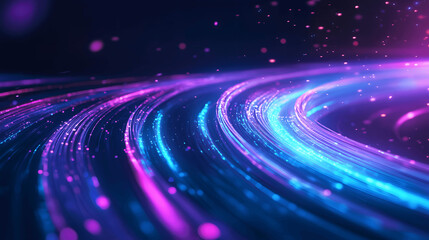 Fiber optic cable glowing with blue and purple light, technology background