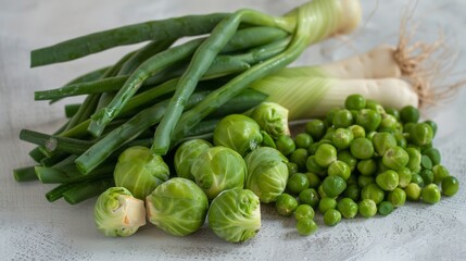 Variety of green vegetables including green beans, Brussels sprouts, and green onions on a simple background, displaying their fresh and healthy appearance.