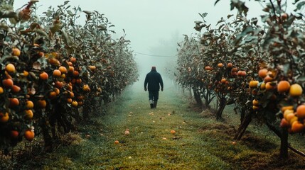 Ripe pear fruit growing on tree in orchard plantation farm with a farmer