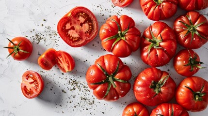 Aufkleber - Whole tomatoes with a few sliced open to reveal their juicy interiors, placed on a clean white surface.