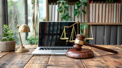 Laptop with online law and justice concept on the table in a modern office, next to a wooden gavel and scales of Justice in an indoor background. In the style