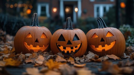 Halloween exterior decoration concept background, three Jack-O-Lantern with creepy smiling glowing light placed on forest ground covered with fallen leaves 