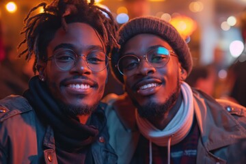 Joyful friends enjoying a night out with bright lights and smiles