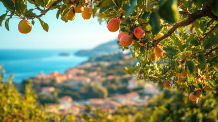 Pear tree with ripe fruit and buildings of a coastal village