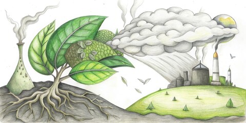 Wall Mural - Hand-drawn leaves and a whimsical scene with clouds.