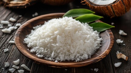 Coconut flakes in wooden bowl closeup view