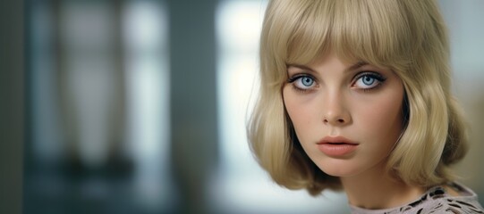 Beautiful blonde woman with pale blue eyes in a 60s and 70s fashion and picture retro vintage style background, ai generated