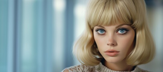 Beautiful blonde woman with pale blue eyes in a 60s and 70s fashion and picture retro vintage style background, ai generated