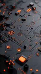 Poster - This close-up view displays a futuristic cyberpunk tunnel crafted from a circuit board, illuminated by vibrant orange and blue lights, showcasing intricate metallic textures