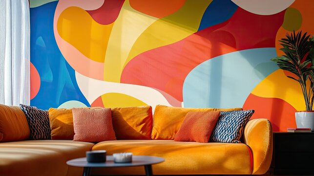 Bold, colorful wallpaper with a playful, abstract pattern, adding energy and vibrancy to a modern living space.