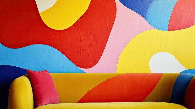 Bold, colorful wallpaper with a playful, abstract pattern, adding energy and vibrancy to a modern living space.