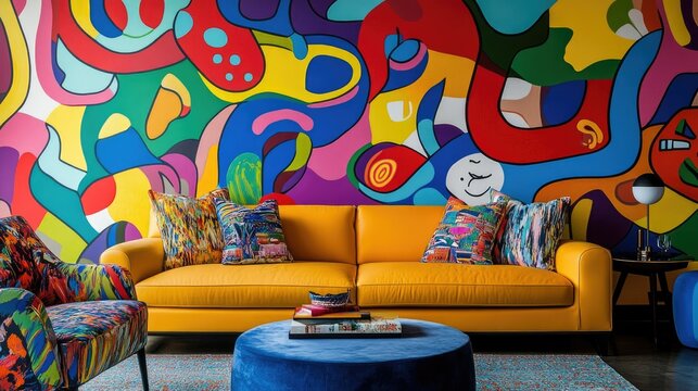 Bold, colorful wallpaper with a playful, abstract pattern, adding energy and vibrancy to a modern living space.