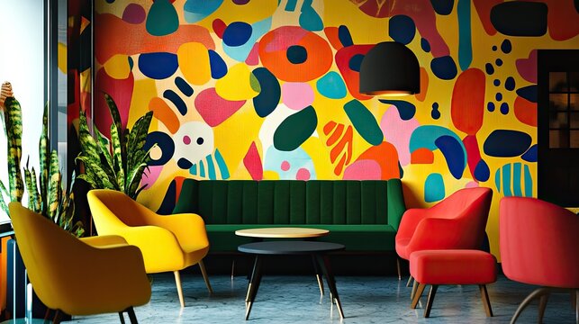 Bold, colorful wallpaper with a playful abstract pattern adding energy and vibrancy to a modern interior