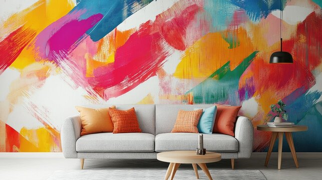 Bold, colorful wallpaper with a playful abstract pattern adding energy and vibrancy to a modern interior