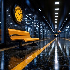 Empty subway station platform with a clock and yellow bench, cool modern atmosphere at night with reflections on the floor.